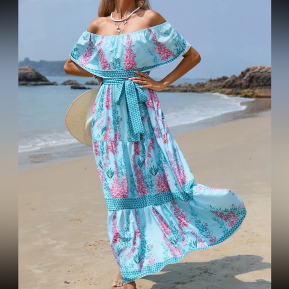 Dresses & Skirts - Bohemian Floral Print Off Shoulder Ruffle Maxi Dress Blue